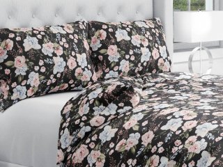 Bavlnené posteľné obliečky Sandra SA-449 Modro-ružové kvety na čiernom - Biante.sk