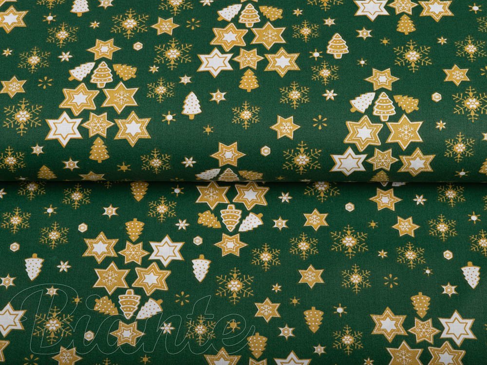 Vianočná bavlnená látka/plátno Sandra SA-407 Hviezdičky a stromčeky na zelenom - šírka 160 cm - detail 2 - Biante.sk