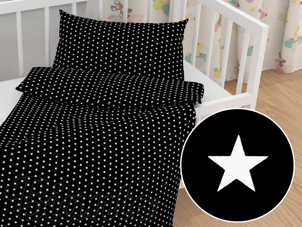 Detské bavlnené posteľné obliečky do postieľky Sandra SA-021 Biele hviezdičky na čiernom - Biante.sk
