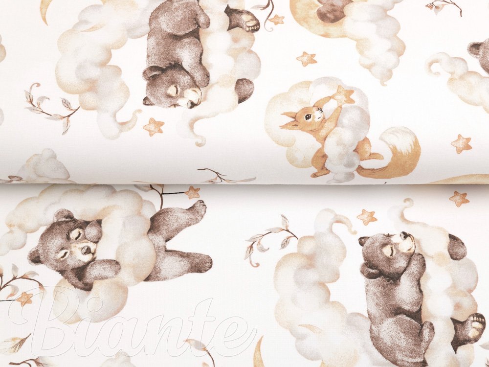 Detská bavlnená látka/plátno Sandra SA-456 Medvedíkovia zajačikovia a veveričky v oblakoch na bielom - šírka 160 cm - detail 2 - Biante.sk