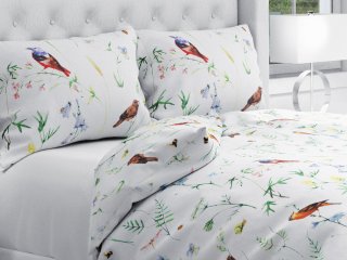 Bavlnené posteľné obliečky Sandra SA-392 Lúčne kvietky s vtáčikmi - Biante.sk