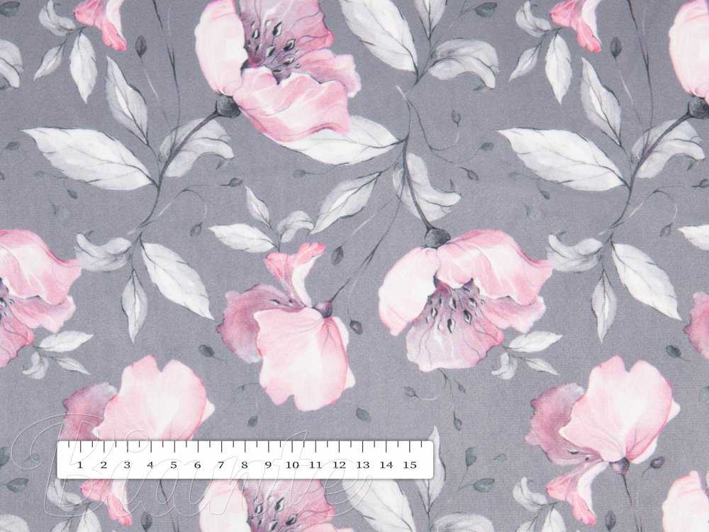 Zamatová látka Tamara TMR-013 Ružové kvety na sivom - šírka 150 cm - detail 3 - Biante.sk