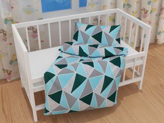 Detské bavlnené posteľné obliečky do postieľky Sandra SA-334 Modro-zelené trojuholníky - detail 1 - Biante.sk