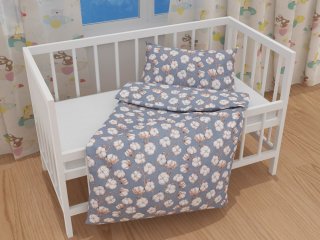 Detské bavlnené posteľné obliečky do postieľky Sandra SA-234 Kvety bavlníka na modrosivom - detail 1 - Biante.sk