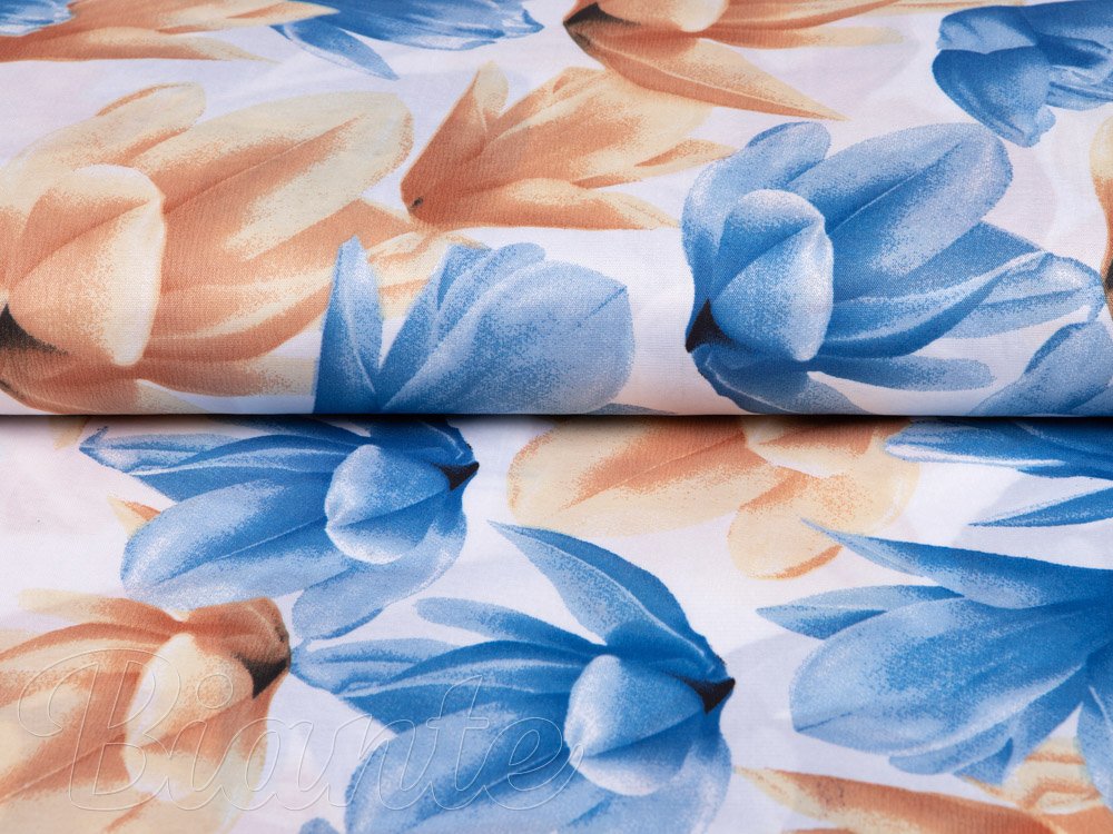 Dekorační látka Sofia SF-003 Modro-béžové květy na bílém - šířka 160 cm - detail 4 - Biante.cz