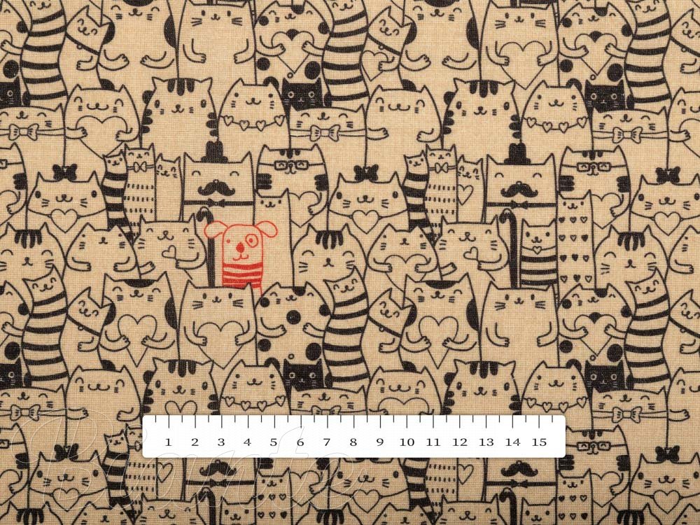 Dekoračná látka PML-093 Pes medzi mačkami na hnedobéžovom - šírka 150 cm - detail 4 - Biante.sk