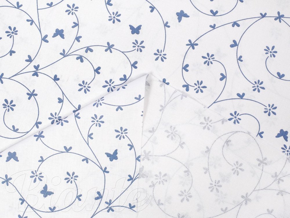 Bavlnená látka/plátno Sandra SA-051 Drobné modré kvietky a motýliky na bielom - šírka 140 cm - detail 3 - Biante.sk