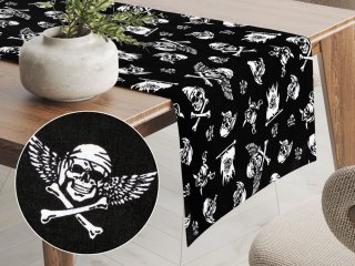 Detský bavlnený behúň na stôl Sandra SA-104 Biele pirátske lebky na čiernom