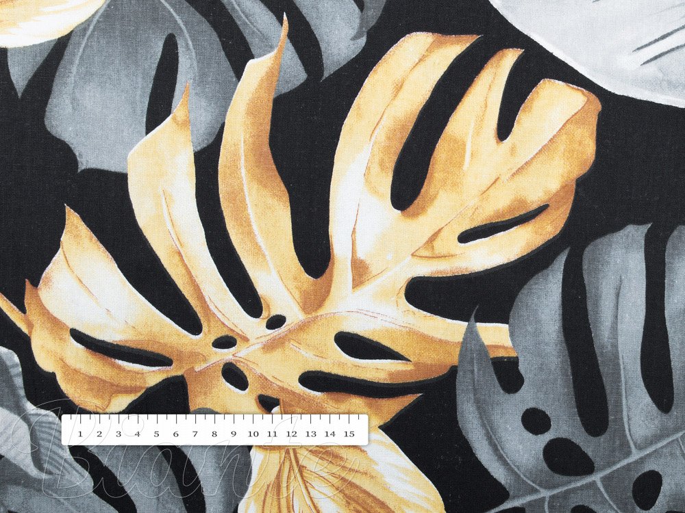 Bavlnená látka/plátno Sandra SA-228 Sivé a zlaté tropické listy na čiernom - šírka 160 cm - detail 4 - Biante.sk