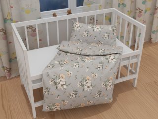 Detské bavlnené posteľné obliečky do postieľky Sandra SA-465 Oranžové kvety na sivom - detail 1 - Biante.sk