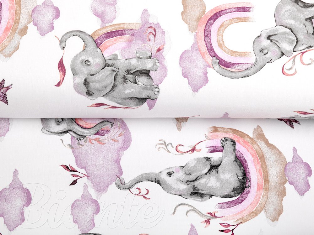 Detská bavlnená látka/plátno Sandra SA-464 Slony s fialovou dúhou na bielom - šírka 160 cm - detail 2 - Biante.sk