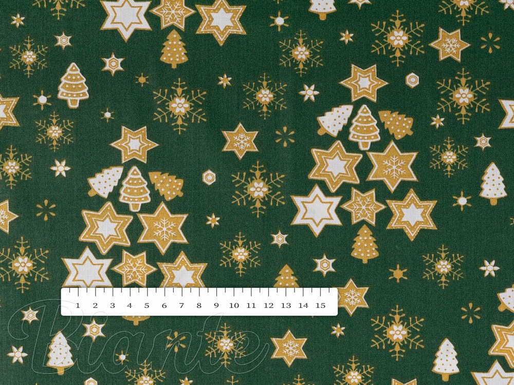 Vánoční bavlněná látka/plátno Sandra SA-407 Hvězdičky a stromky na zeleném - šířka 160 cm - detail 4 - Biante.cz