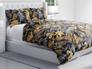 Bavlnené posteľné obliečky Sandra SA-389 Sivozelené a zlaté tropické listy na čiernom - detail 1 - Biante.sk
