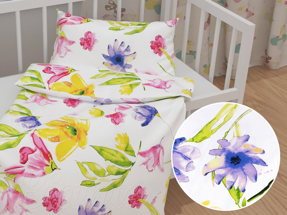 Detské bavlnené posteľné obliečky do postieľky Sandra SA-481 Žlto-ružové akvarelové kvety na bielom - Biante.sk
