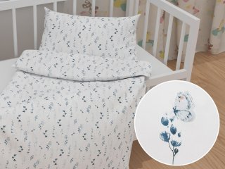 Detské bavlnené posteľné obliečky do postieľky Sandra SA-398 Modré kvietky s motýlikmi - Biante.sk