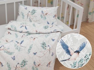 Detské bavlnené posteľné obliečky do postieľky Sandra SA-471 Lastovičky s motýlikmi na svetlo sivom ornamente - Biante.sk