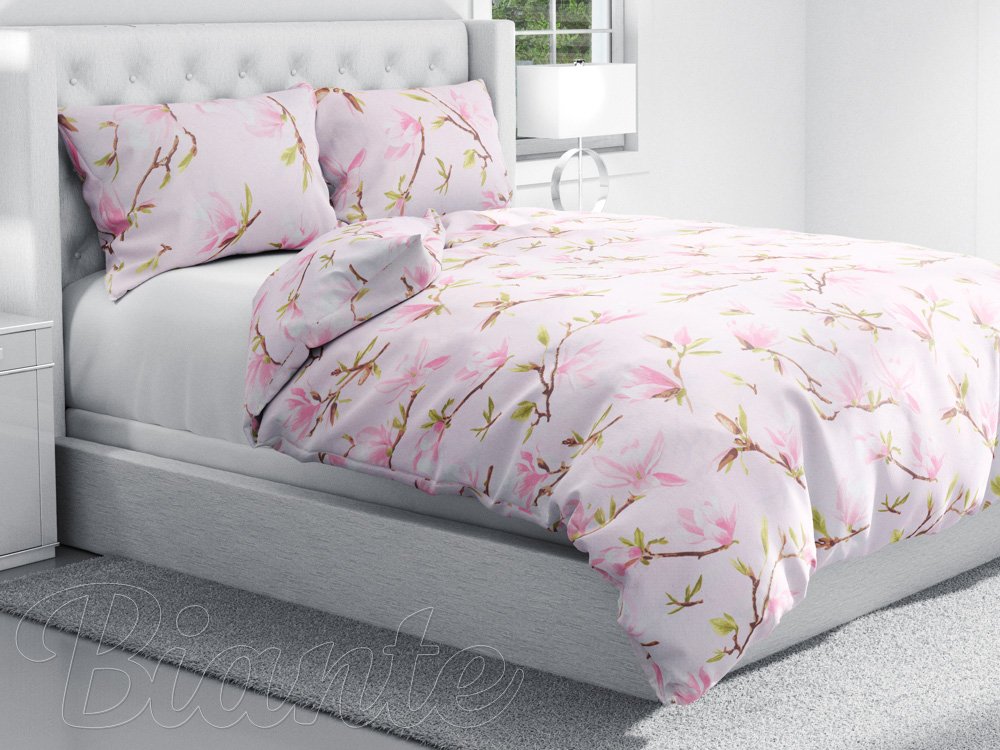Bavlnené posteľné obliečky Sandra SA-233 Kvety magnólie na ružovom - detail 1 - Biante.sk