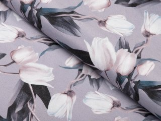 Dekorační látka PM-034 Bílé tulipány na šedém - šířka 150 cm - Biante.cz