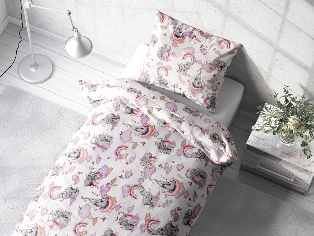 Detské bavlnené posteľné obliečky Sandra SA-464 Slony s fialovou dúhou na bielom - detail 1 - Biante.sk