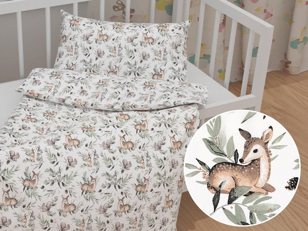 Detské bavlnené posteľné obliečky do postieľky Sandra SA-455 Srnčekovia zajačikovia a veveričky na bielom - Biante.sk