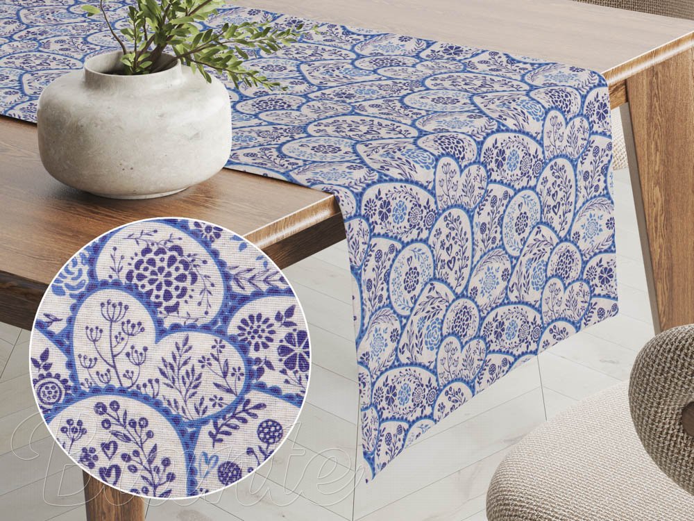Dekoračný behúň na stôl Leona LN-080 Modrobiele ľudové ornamenty - Biante.sk