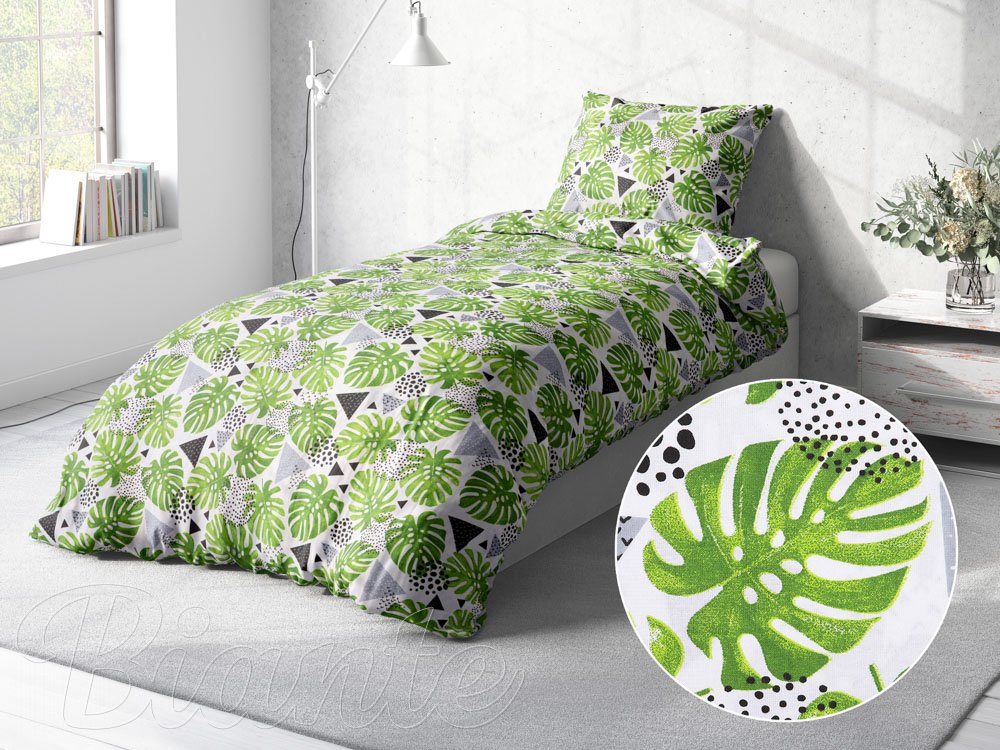 Bavlnené posteľné obliečky Sandra SA-175 Zelené listy Monstera - detail 2 - Biante.sk