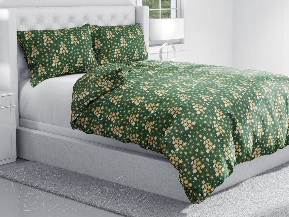 Vianočné bavlnené posteľné obliečky Sandra SA-407 Hviezdičky a stromčeky na zelenom - detail 1 - Biante.sk