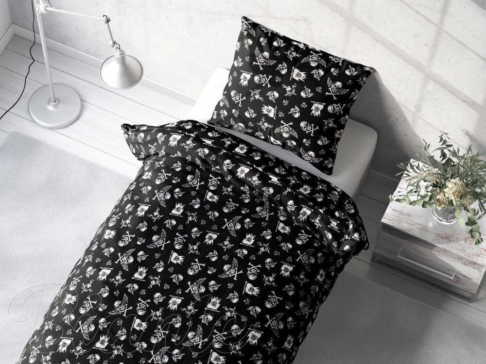 Bavlnené posteľné obliečky Sandra SA-104 Biele pirátske lebky na čiernom - detail 3 - Biante.sk