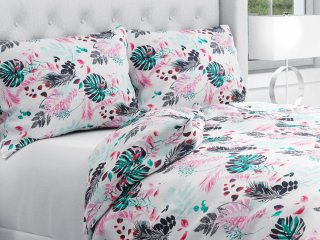 Bavlnené posteľné obliečky Sandra SA-413 Ružové a zelené tropické listy na bielom - Biante.sk