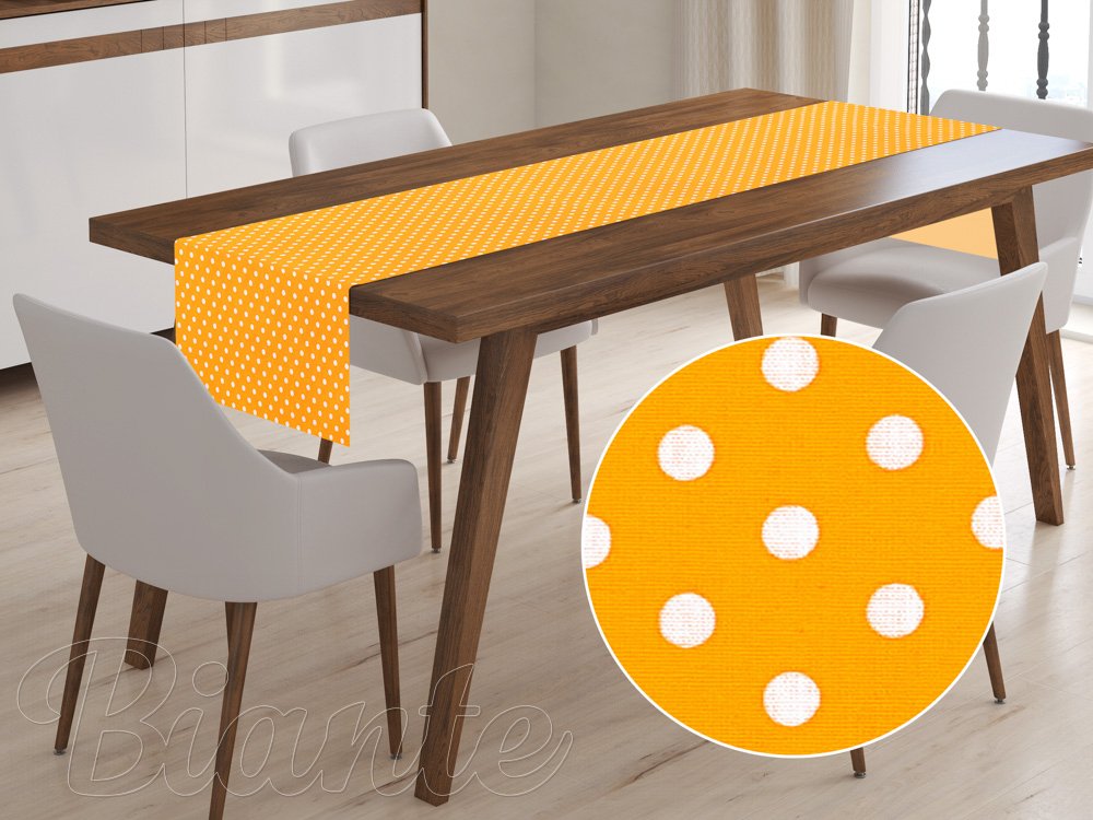 Bavlnený behúň na stôl Sandra SA-075 Biele bodky na žltooranžovom - Biante.sk