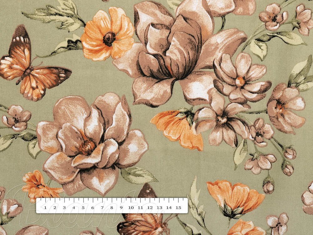 Bavlněná látka/plátno Sandra SA-472 Hnědé květy magnolie na zeleném - šířka 160 cm - detail 3 - Biante.cz