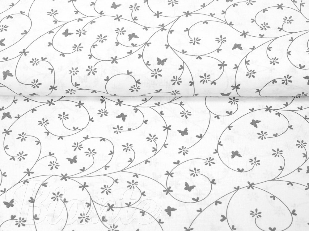 Bavlnená látka/plátno Sandra SA-049 Drobné sivé kvietky a motýliky na bielom - šírka 145 cm - detail 4 - Biante.sk