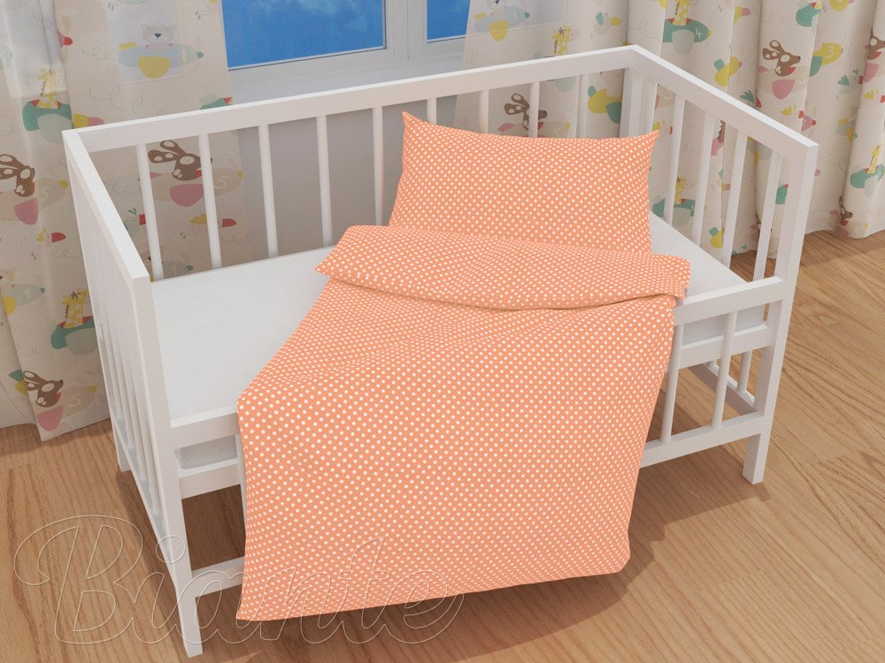 Detské bavlnené posteľné obliečky do postieľky Sandra SA-149 Biele bodky na marhuľovo oranžovom - detail 1 - Biante.sk