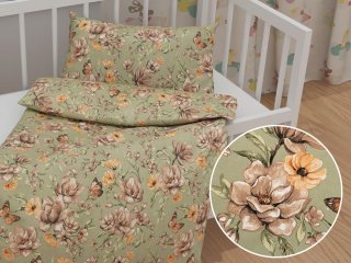 Detské bavlnené posteľné obliečky do postieľky Sandra SA-472 Hnedé kvety magnólie na zelenom - Biante.sk