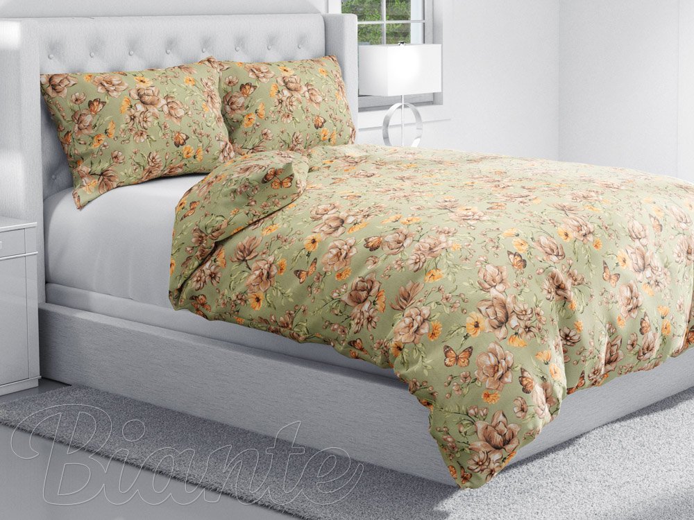 Bavlnené posteľné obliečky Sandra SA-472 Hnedé kvety magnólie na zelenom - detail 1 - Biante.sk