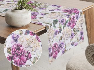 Dekoračný behúň na stôl PML-108 Fialové kvety s motýlikmi na bielom - Biante.sk