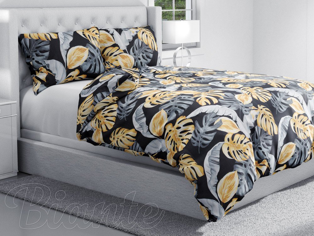 Bavlnené posteľné obliečky Sandra SA-228 Sivé a zlaté tropické listy na čiernom - detail 1 - Biante.sk