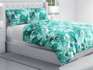 Bavlnené posteľné obliečky Sandra SA-484 Modro-zelené kvety a listy monstery na bielom - detail 1 - Biante.sk