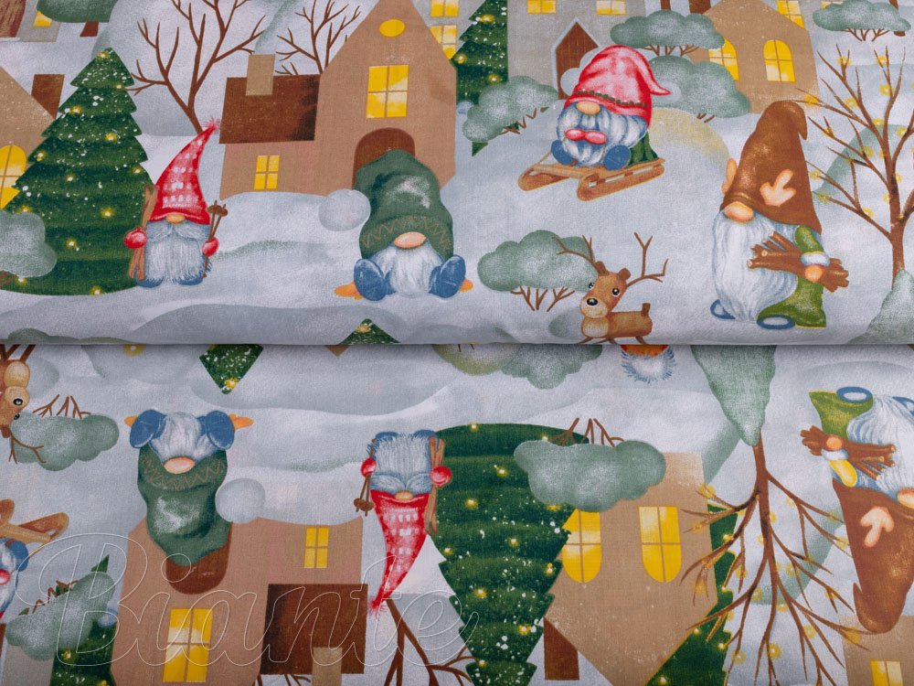 Vianočná bavlnená látka/plátno Sandra SA-405 Dedinka škriatkov - šírka 160 cm - detail 2 - Biante.sk