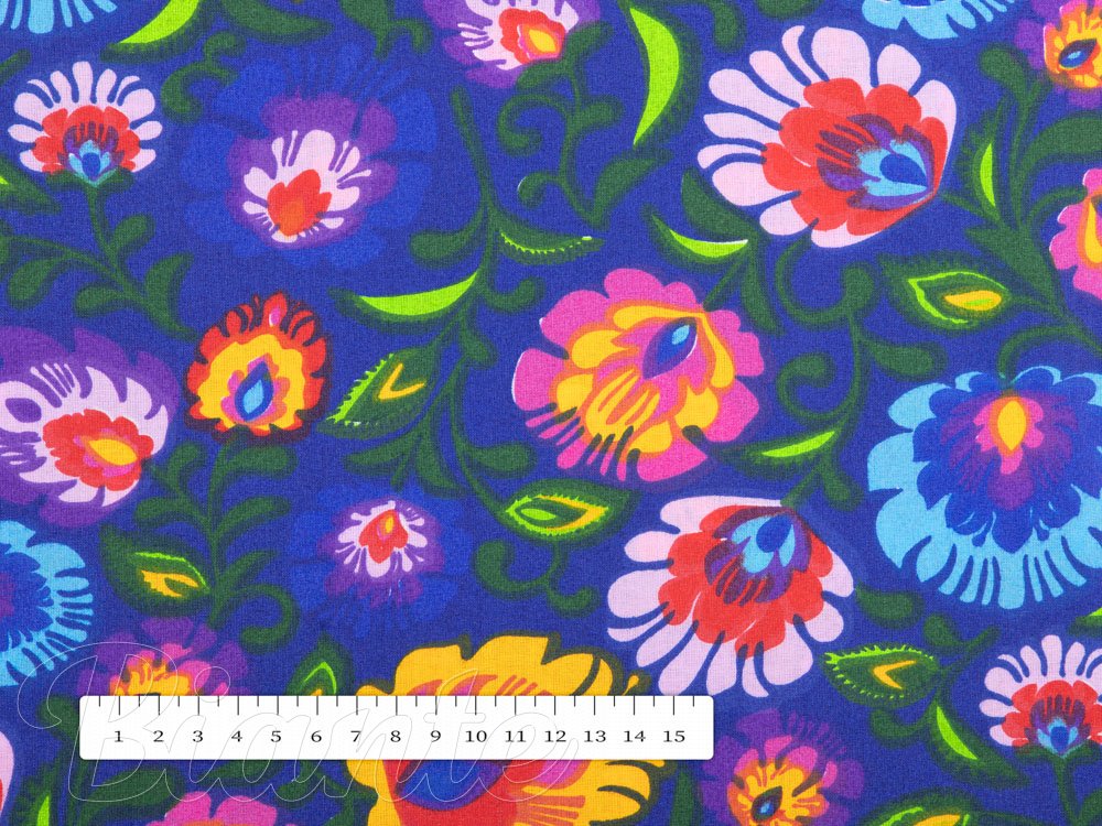 Bavlněná látka/plátno Sandra SA-187 Lidové květy na modrém - šířka 160 cm - detail 2 - Biante.cz