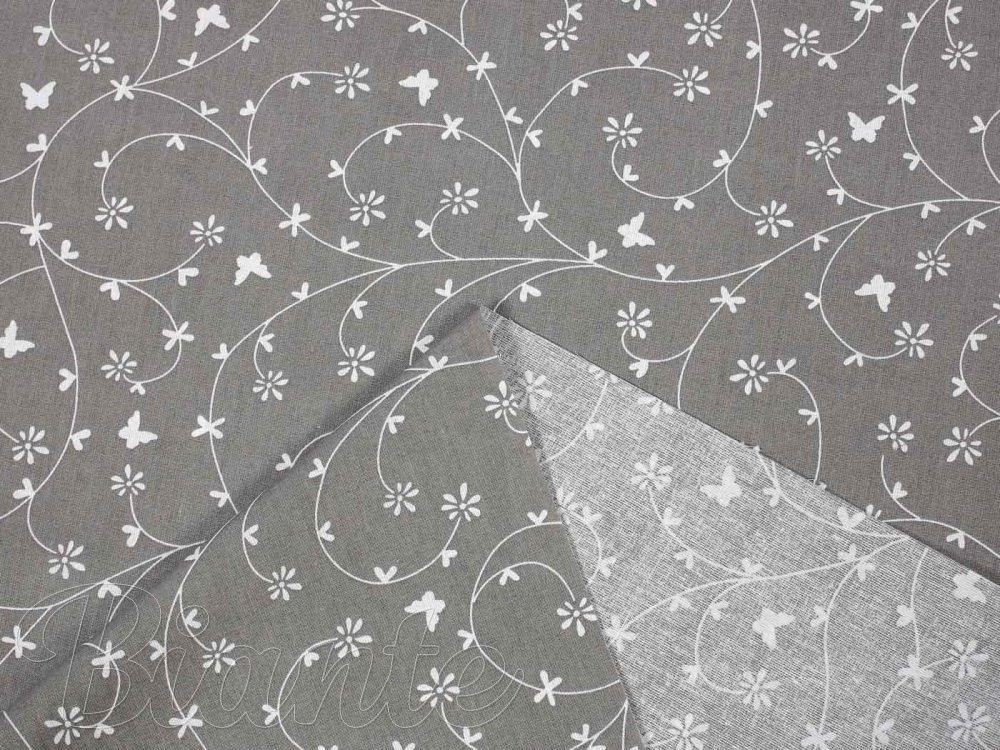 Bavlnená látka/plátno Sandra SA-050 Drobné biele kvietky a motýliky na sivom - šírka 145 cm - detail 3 - Biante.sk
