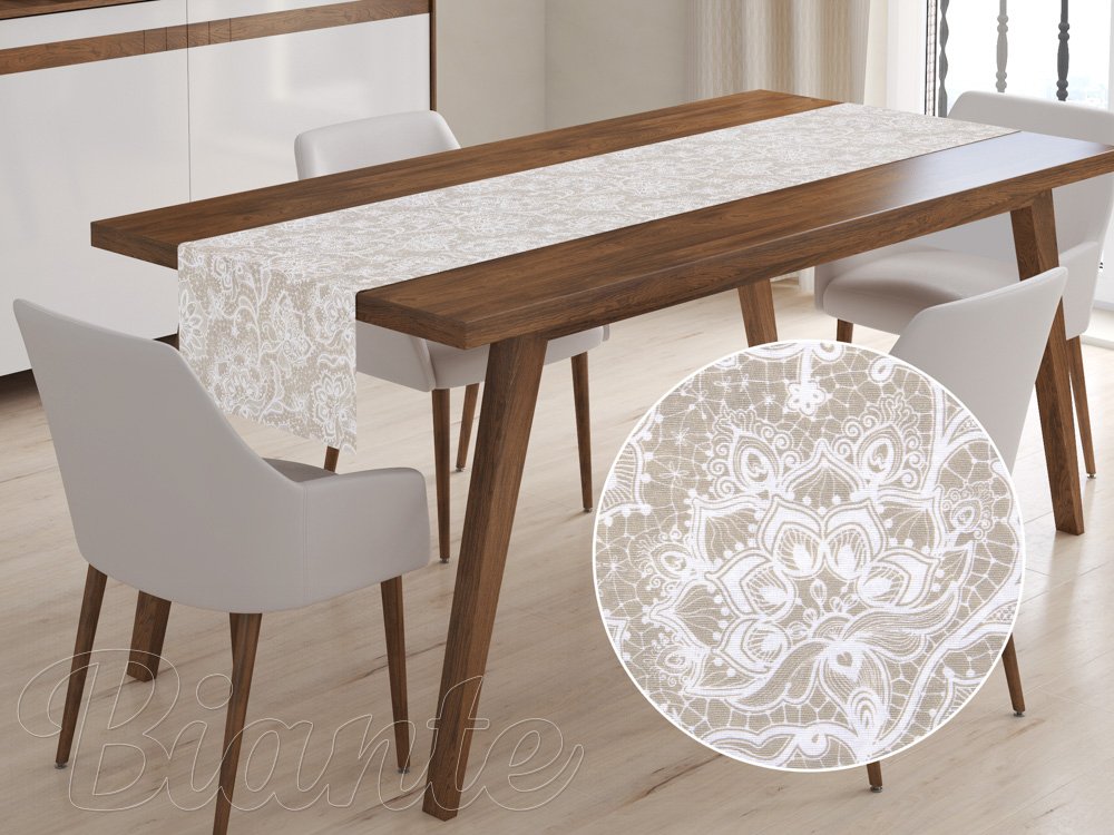 Dekoračný behúň na stôl Leona LN-096 Orientálne biele vzory na béžovom - Biante.sk