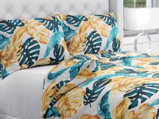 Bavlnené posteľné obliečky Sandra SA-500 Modrozelené a zlaté tropické listy - Biante.sk