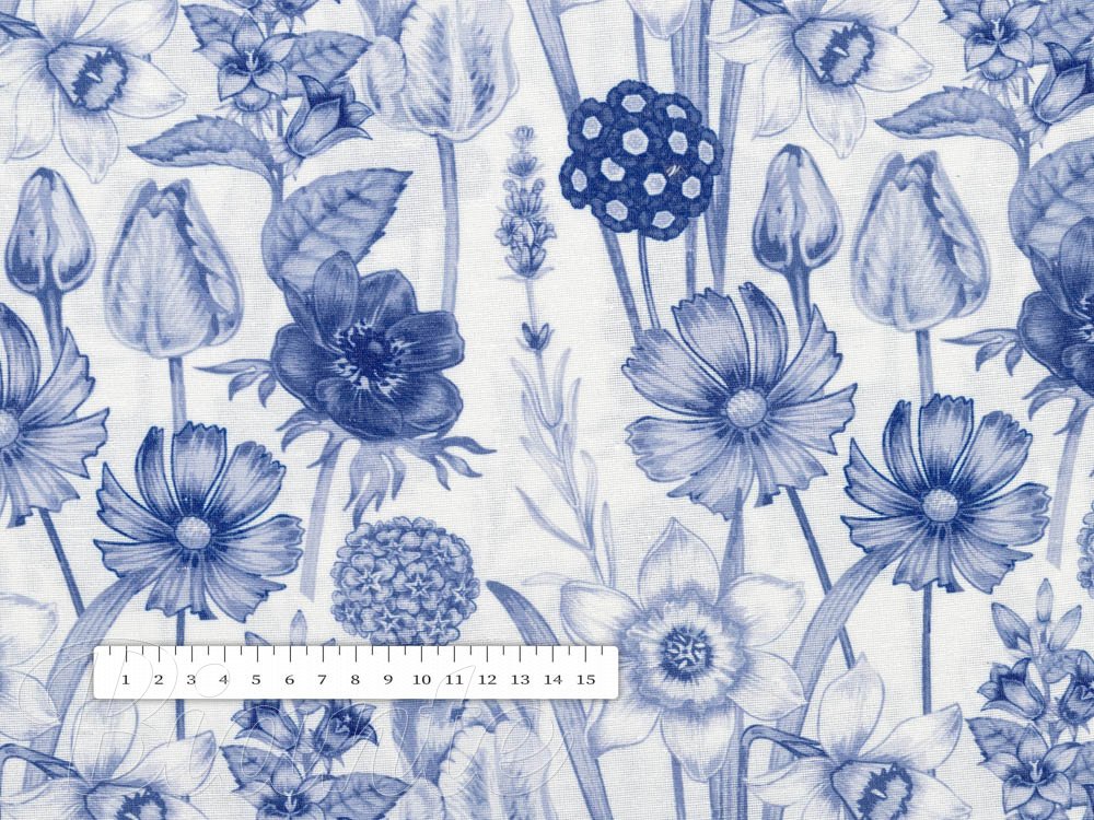 Dekorační látka PML-090 Modré jarní květiny na bílém - šířka 150 cm - detail 4 - Biante.cz