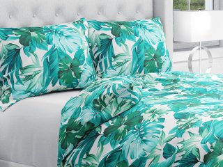 Bavlnené posteľné obliečky Sandra SA-484 Modro-zelené kvety a listy monstery na bielom - Biante.sk