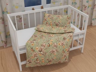 Detské bavlnené posteľné obliečky do postieľky Sandra SA-472 Hnedé kvety magnólie na zelenom - detail 1 - Biante.sk