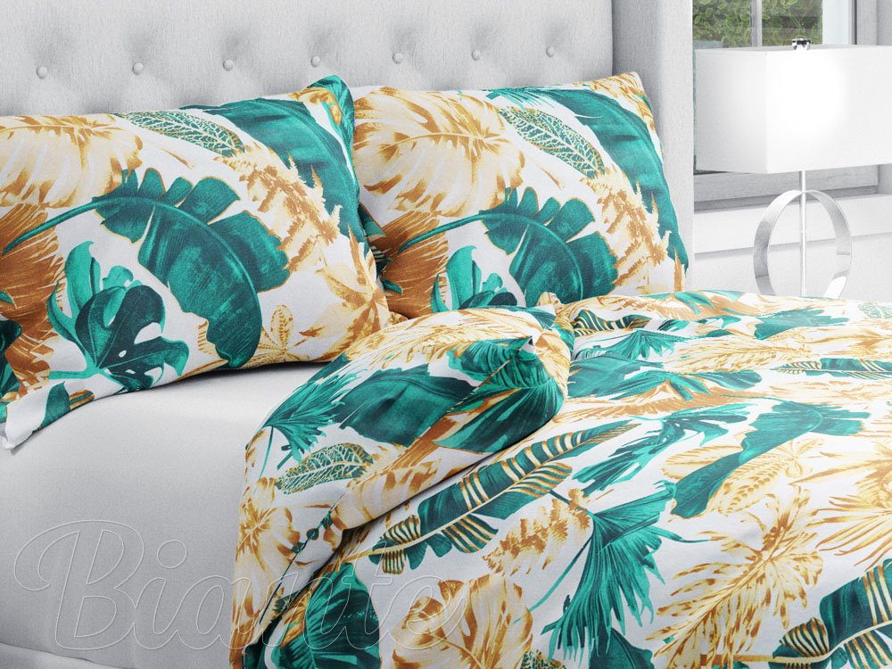 Bavlnené posteľné obliečky Sandra SA-245 Zelené a zlaté tropické listy - Biante.sk