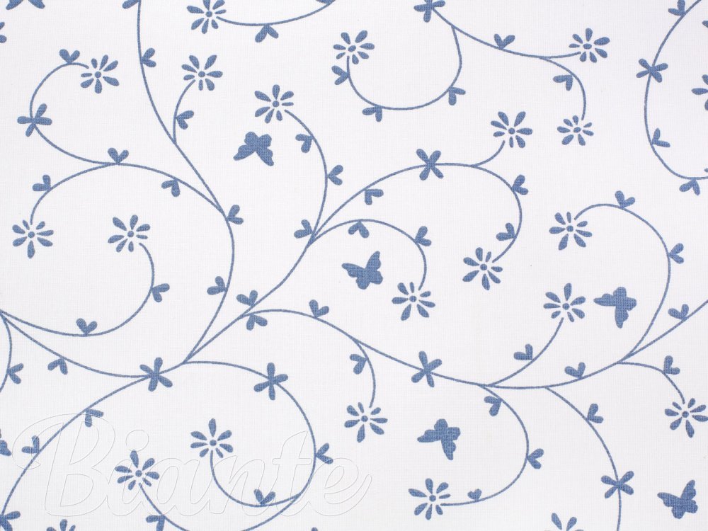 Bavlnená látka/plátno Sandra SA-051 Drobné modré kvietky a motýliky na bielom - šírka 140 cm - detail 5 - Biante.sk