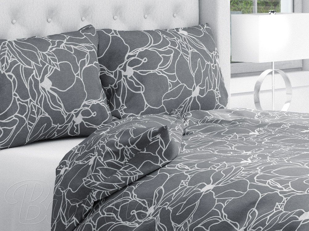 Bavlnené posteľné obliečky Sandra SA-269 Biele designové kvety na sivom - Biante.sk