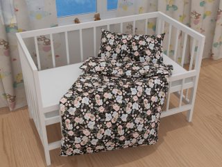Detské bavlnené posteľné obliečky do postieľky Sandra SA-449 Modro-ružové kvety na čiernom - detail 1 - Biante.sk